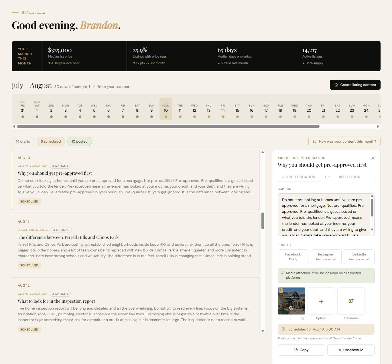 Your Creator Architecture dashboard: a 30-day calendar of content, your market data, story bank, and a post composer, all in one place