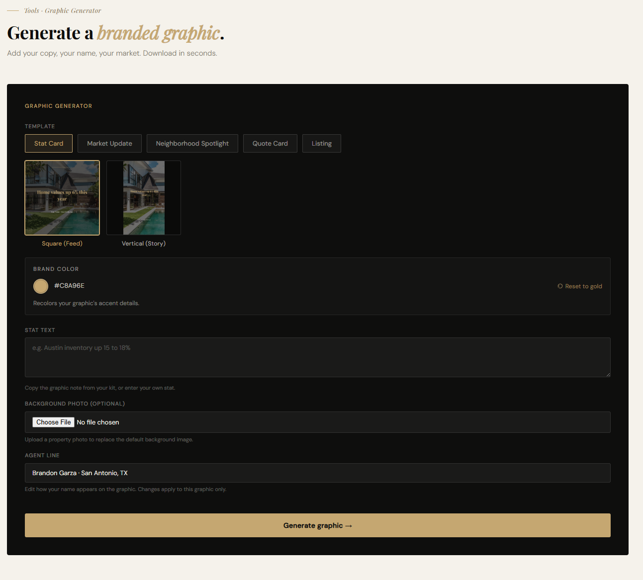 The graphic generator: templates, your brand color, and a property photo, ready to download