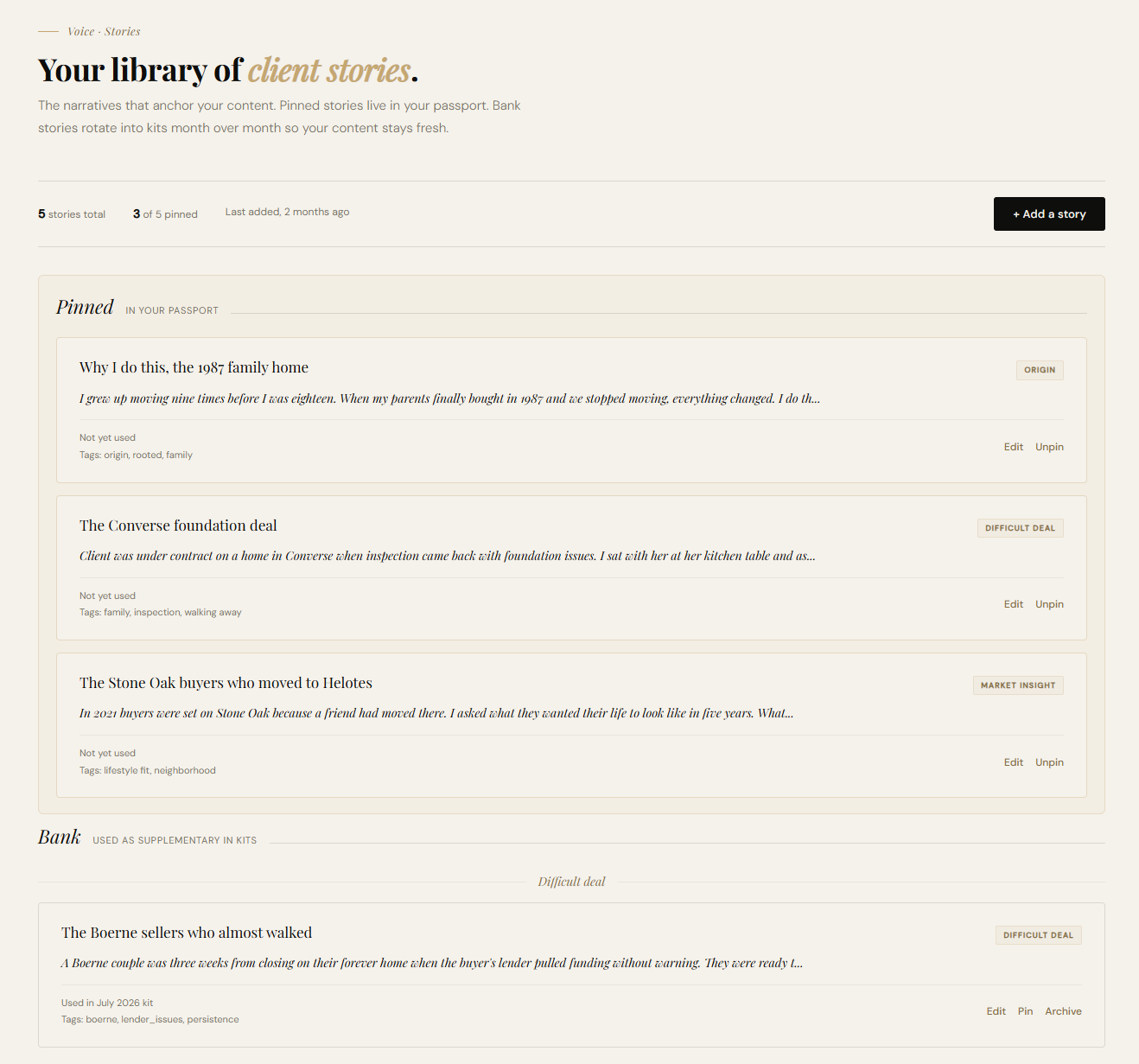 Your story bank: pinned stories that live in your passport, and a bank that rotates into your content